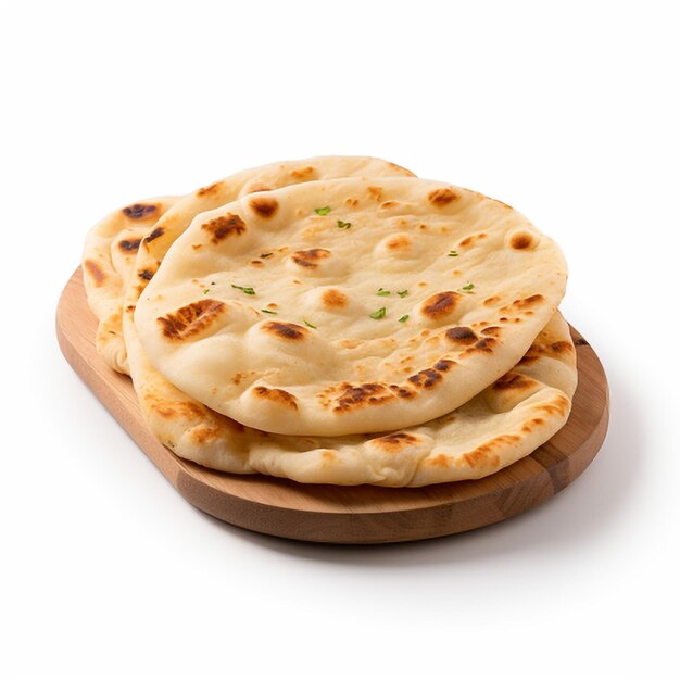 Indian naan bread on a wooden board isolated on white background