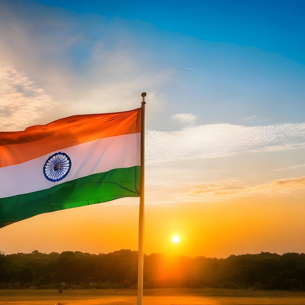 indian national flag waving with sunrise in background