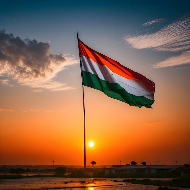 indian national flag waving with sunrise in background