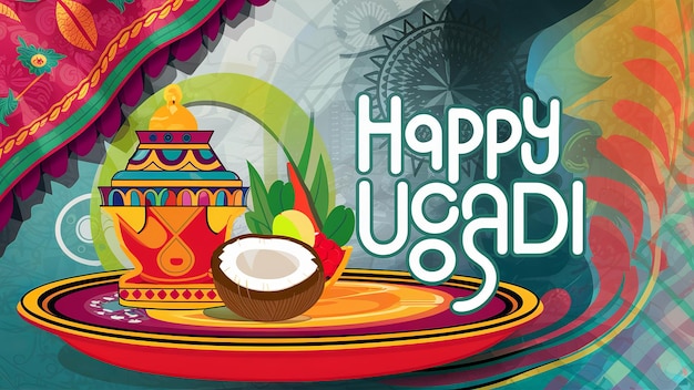 インドの新年祭 ウガディ (Ugadi) またはグディ・パドワ (Gudi Padwa) カラッシュと伝統的な食べ物のイラスト