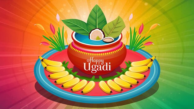 インドの新年祭 ウガディ (Ugadi) またはグディ・パドワ (Gudi Padwa) カラッシュと伝統的な食べ物のイラスト