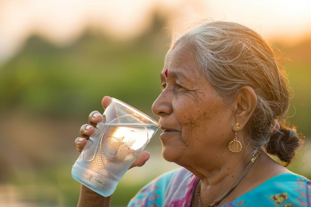 Photo indian older woman drinking water to aid in the management of her diabetes condition promoting the