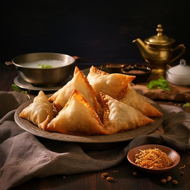 Indian and pakistani spicy snack food samosa pakory chatni