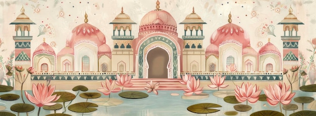 Photo an indian palace in pink green and blue pastel colors with an arched door frame on cream background small domed roof house surrounded by water lilies indian patterns and floral