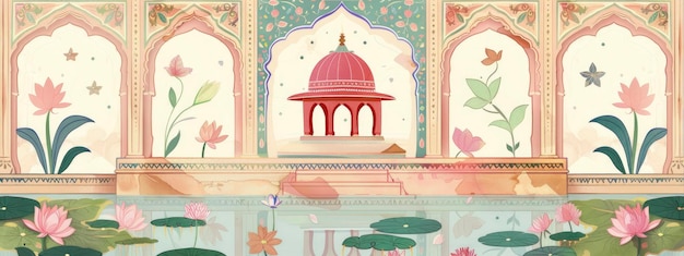 An Indian palace in pink green and blue pastel colors with an arched door frame on cream background small domed roof house surrounded by water lilies Indian patterns and floral