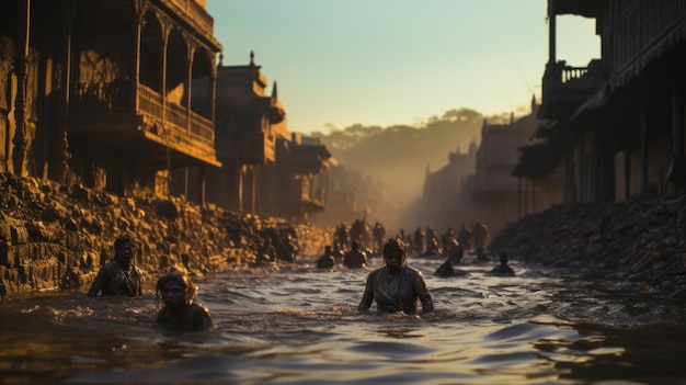 Indian people bathing in holy river Ganges at sunset Varanasi India