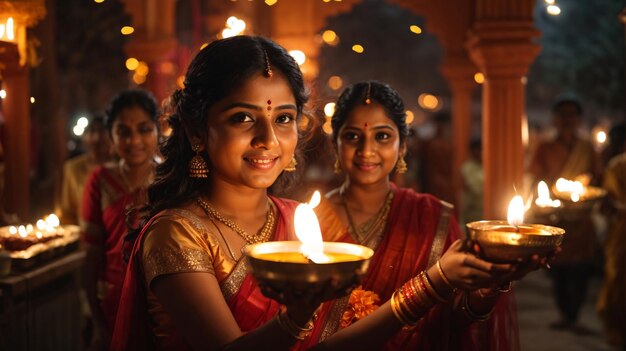 Indian people celebrating diwali or deepavali the festival of lights indian woman lighting a candl