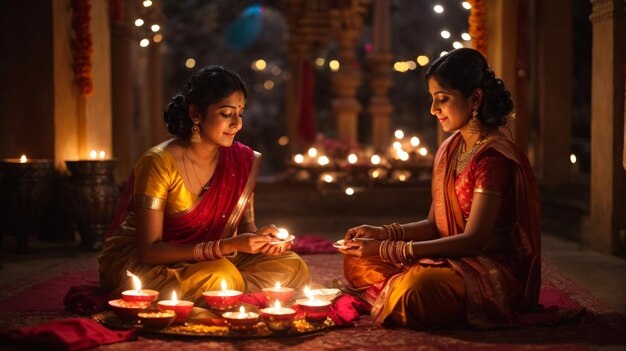 Indian people celebrating diwali or deepavali the festival of lights indian woman lighting a candl