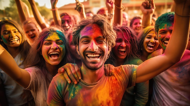 Indian people celebrating Holi festival with colourful powder in India