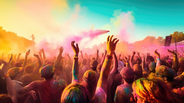 Indian people celebrating Holi festival with colourful powder in India