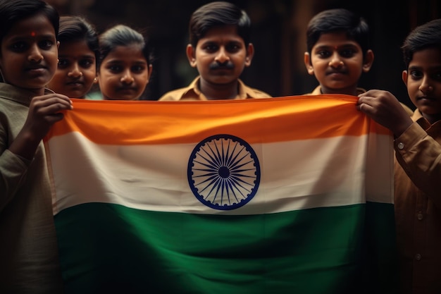 Indian people with national tricolor flag representing unity