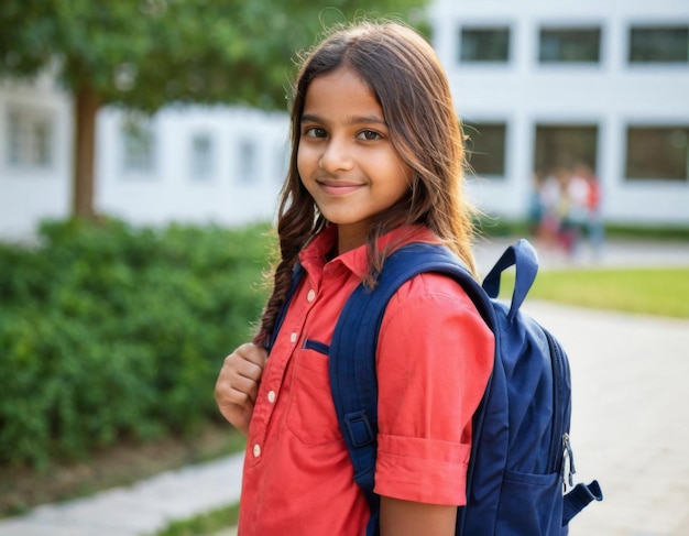 写真 バックパックを背負ったインド人の10代の女の子