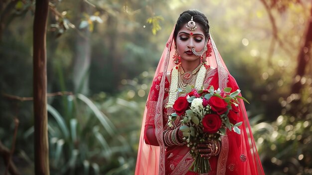 インド の 美しい 新婦 が 花束 や 花束 を 持っ て いる