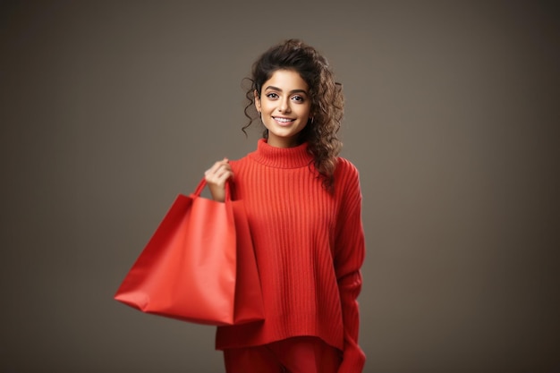 Indian pretty and cheerful woman wears sweater and carrying a shopping bag