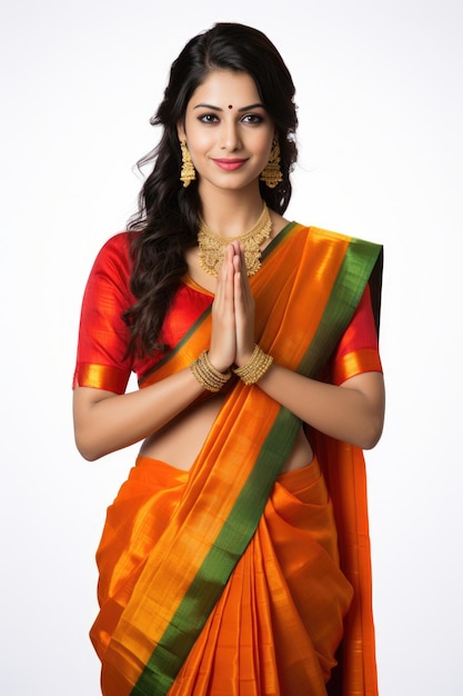 Indian pretty woman in saree in prayer pose or welcoming guests isolated over white background