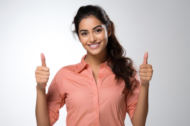 Indian pretty young woman showing Ok sign with thumbs up for approval