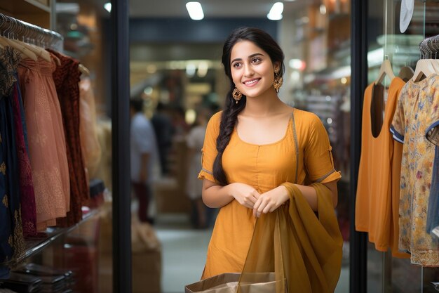 인도 의 예쁜 젊은 여자 가 가방 을 들고 창문 에서 쇼핑 하고 있다