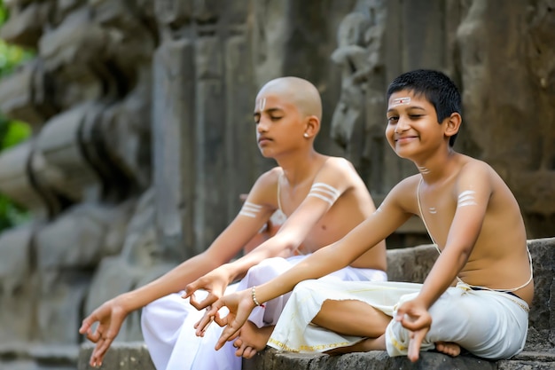 Photo the indian priest child doing meditation