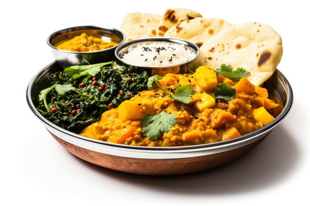 Indian pumpkin curry with side dishes in traditional setting isolated on a white background