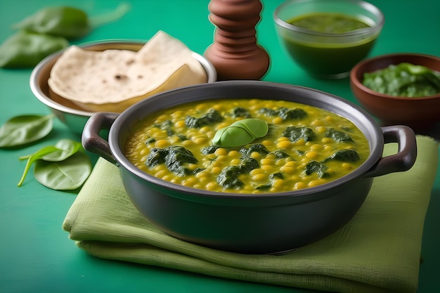 Photo indian red lentil spinach puree with flatbread on wooden background palak mong dal ai platform