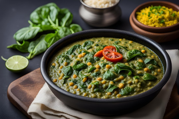 Foto puree di spinaci di lenticchie rosse indiane con pane piatto su sfondo di legno palak mong dal piattaforma ai