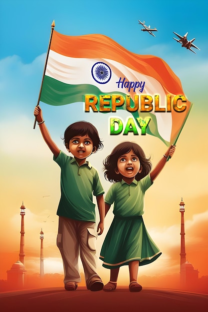 Indian republic day background children hold flag and India gate background and fighter plane