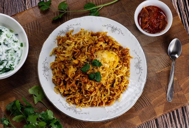 Indian rice with eggs on wooden background with mango pickles an cucumber raita