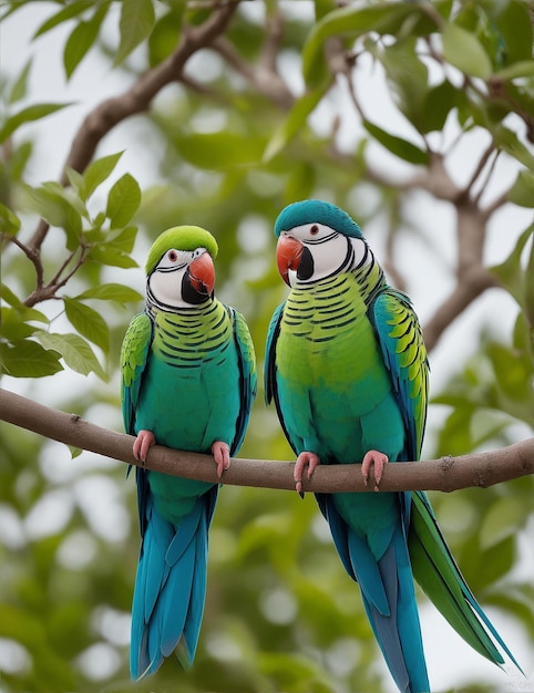 Пара индийских попугаев-кольцевых попугаев на ветке дерева