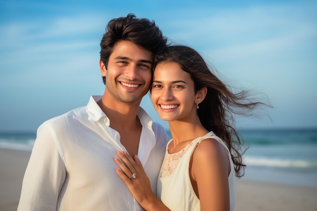 Индийская романтическая пара улыбается на пляже