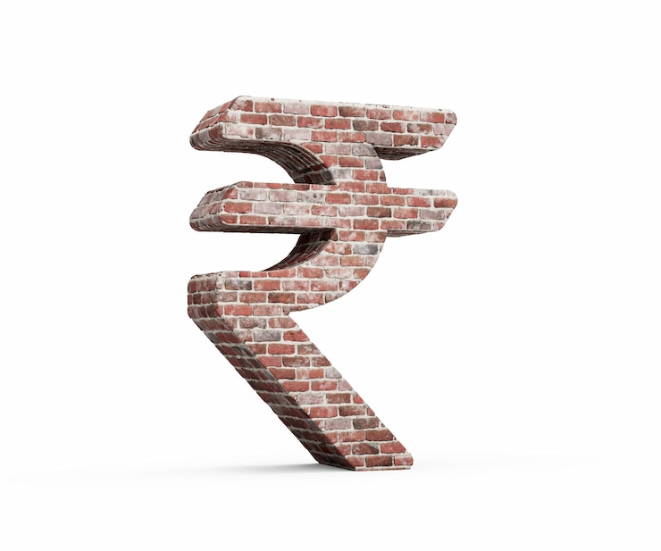 फोटो indian rupee currency sign made of old grunge texture wall of bricks 3d illustration