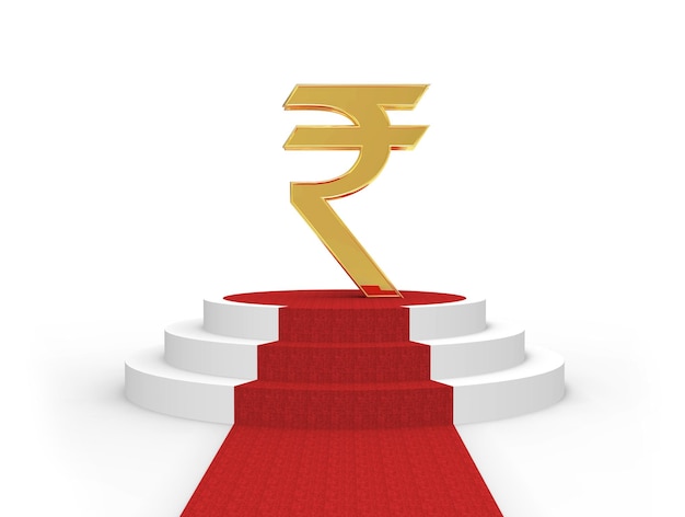 Indian Rupee symbol on a red carpet stage 3D illustration