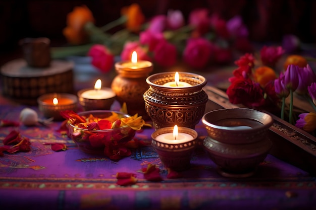 Indian Scene With Candles And Flowers