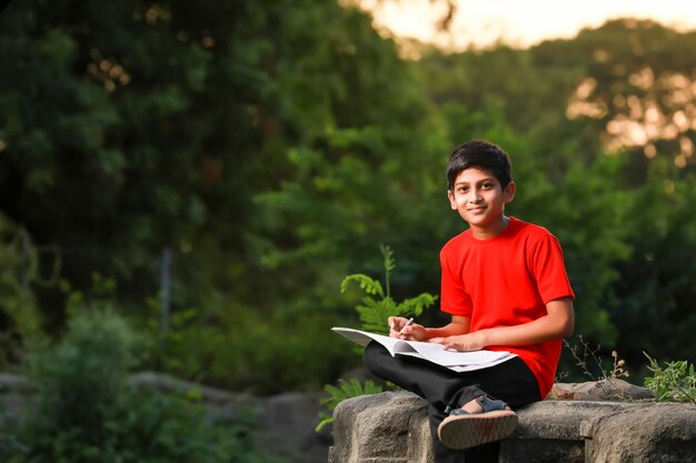 Indian school boy with note book and studying at home