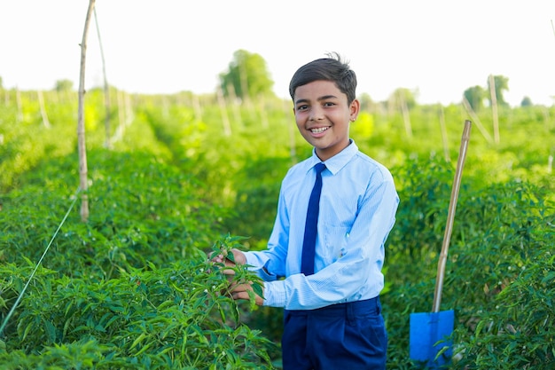 Indian school kids working in farm happy farmer