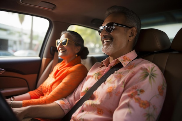 Indian senior couple driving car and having fun on weekend