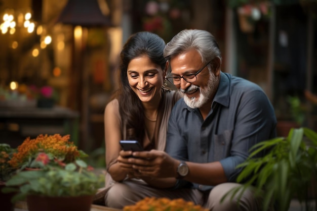 Indian senior couple having fun while using tablet computer or smartphone together