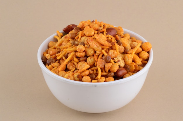 Indian Snacks : Mixture (roasted nuts with salt pepper masala, pulses, channa masala dal green peas) in blue bowl in