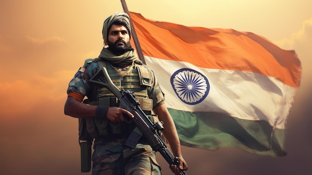 Foto soldato indiano e bandiera indiana si uniscono all'esercito per combattere per l'india