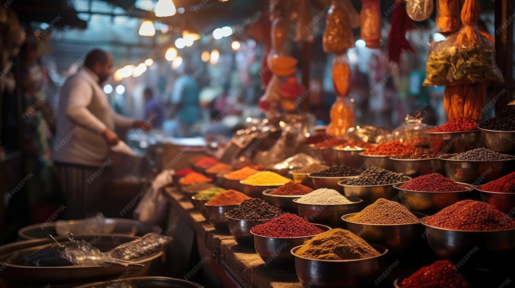 Premium AI Image Indian Spice Bazaar Vendors and Colorful Spices