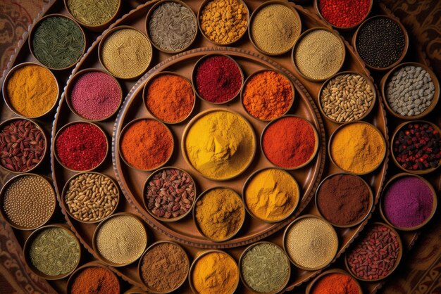 Photo indian spices arranged in colorful pattern generative ai