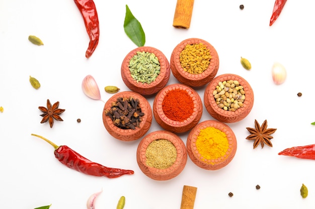 Indian spices collection, dried colorful condiment, nuts, pods and seeds and another spices in clay bowls.