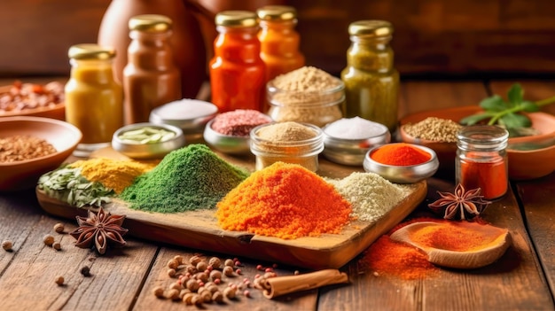 Indian Spices and Condiments on Wooden Table with Flag Colorful and Aromatic Spices