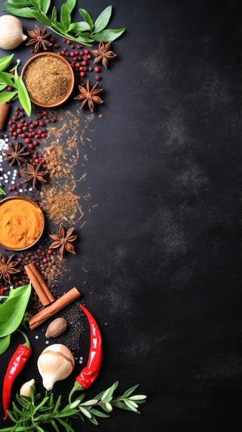 Photo indian spices on dark background with copy space