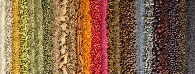 Indian spices and herbs background. colorful seasoning, top view.