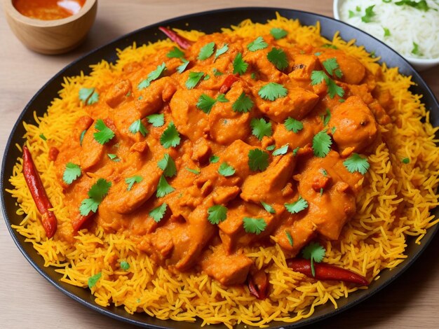 Indian spicy butter chicken biryani served in a dish on table