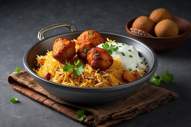 Photo indian spisy food murgh tikka biryani or chicken tikka biryani with raita and gulab jamun served in a dish side view ramdan food on grey background