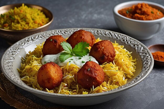 Photo indian spisy food murgh tikka biryani or chicken tikka biryani with raita and gulab jamun served in a dish side view ramdan food on grey background