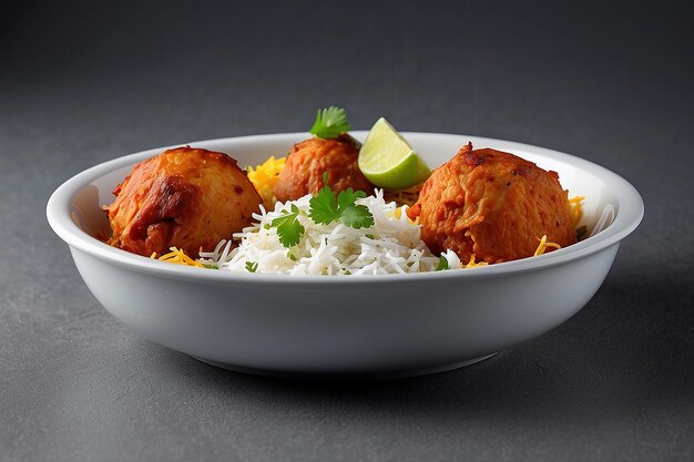 Indian spisy food Murgh Tikka Biryani or Chicken Tikka Biryani with raita and gulab jamun Served in a dish side view ramdan food on grey background