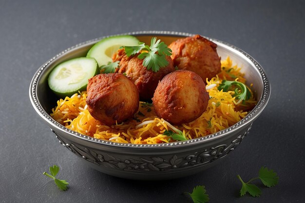 Indian spisy food Murgh Tikka Biryani or Chicken Tikka Biryani with raita and gulab jamun Served in a dish side view ramdan food on grey background