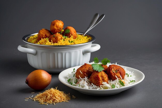 Photo indian spisy food murgh tikka biryani or chicken tikka biryani with raita and gulab jamun served in a dish side view ramdan food on grey background